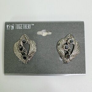 Art Deco Clip On Earrings Silver Black Hematite Rhinestones Flapper Girl Style